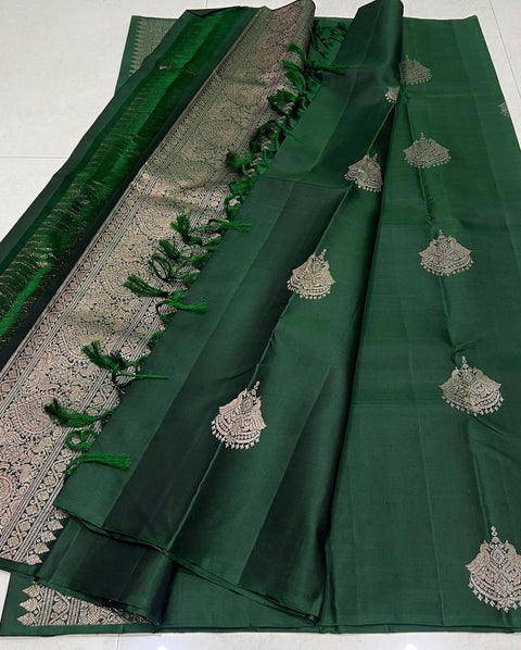 Bottle Green Banarasi Soft Silk Saree with Rich Silver Zari Woven Pallu & Traditional Motifs