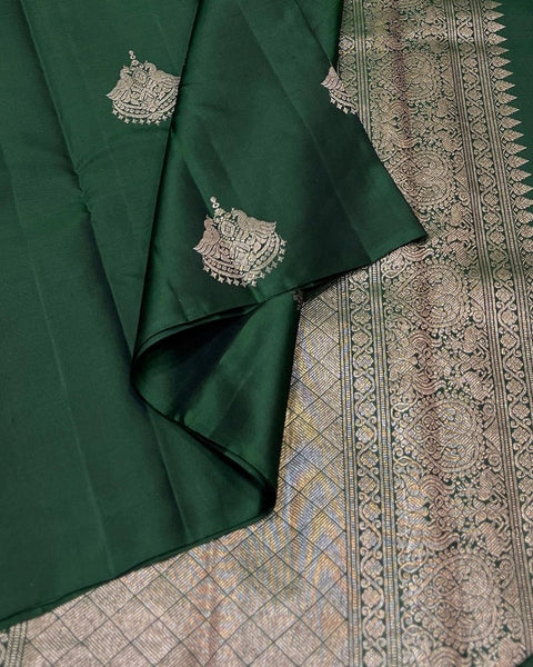 Bottle Green Banarasi Soft Silk Saree with Rich Silver Zari Woven Pallu & Traditional Motifs