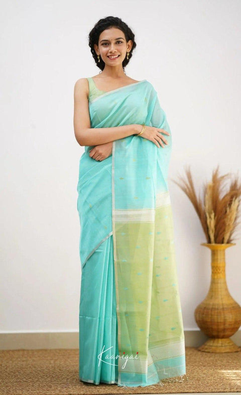 Aqua Blue Soft Cotton Saree with Lime Green Jacquard Border & Elegant Woven Pallu