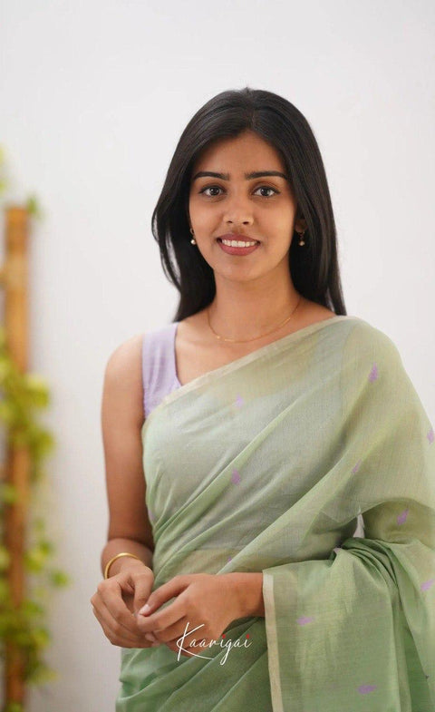 Elegant Sage Green Soft Cotton Saree with Lavender Jacquard Border & Woven Pallu