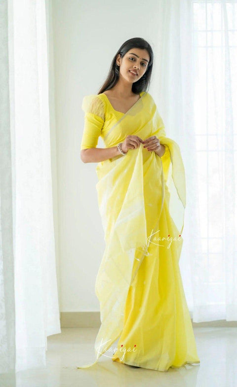 Elegant Yellow Soft Cotton Saree with Contrast Jacquard Border & Woven Pallu