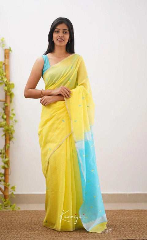 Soft Cotton Silk Saree in Yellow with Aqua Blue Jacquard Border & Woven Pallu