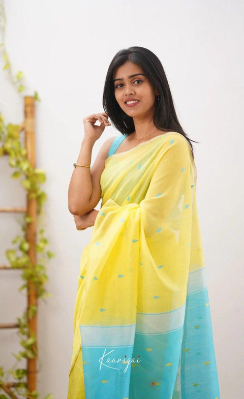 Soft Cotton Silk Saree in Yellow with Aqua Blue Jacquard Border & Woven Pallu