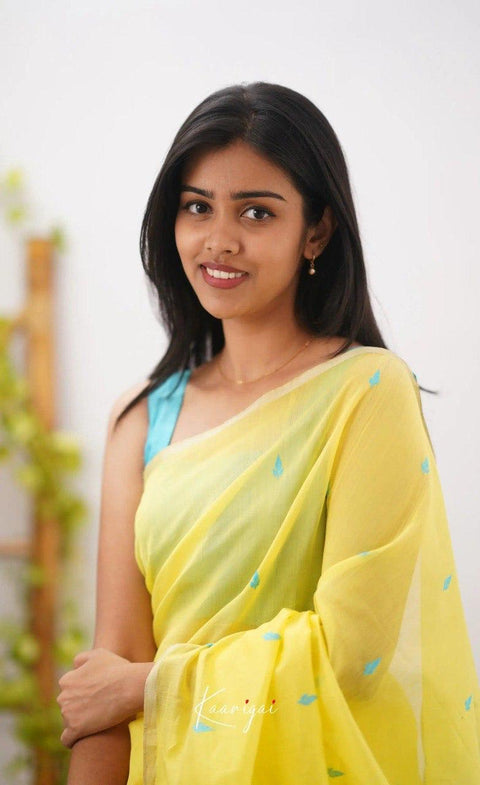 Soft Cotton Silk Saree in Yellow with Aqua Blue Jacquard Border & Woven Pallu