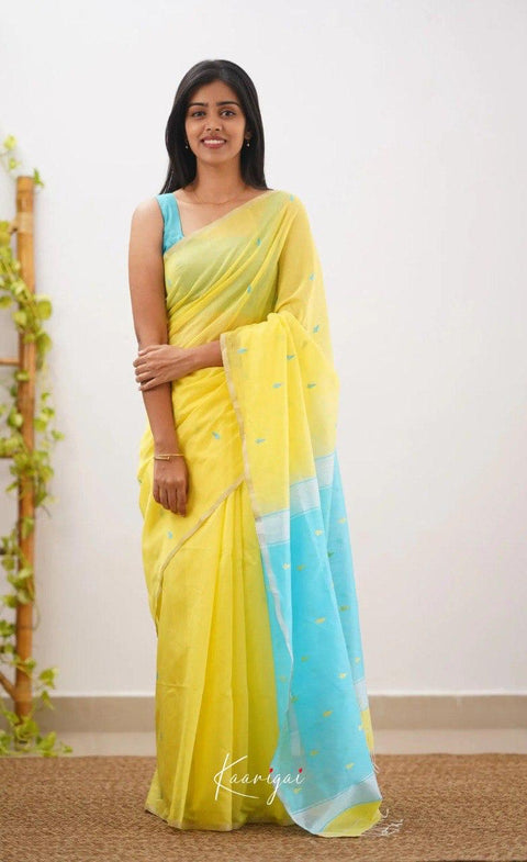 Soft Cotton Silk Saree in Yellow with Aqua Blue Jacquard Border & Woven Pallu