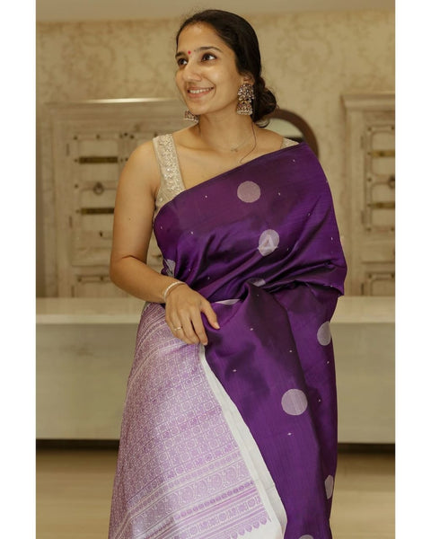 Royal Purple Banarasi Soft Silk Saree with Silver Zari Butti & Rich Woven Pallu