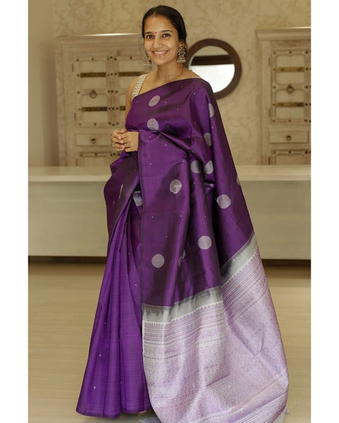 Royal Purple Banarasi Soft Silk Saree with Silver Zari Butti & Rich Woven Pallu