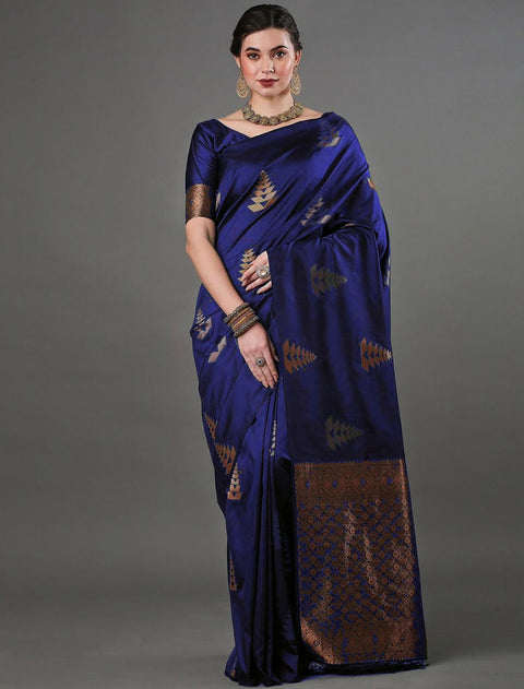 Banarasi Soft Silk Saree with Copper & Silver Zari Weaving – Royal Blue