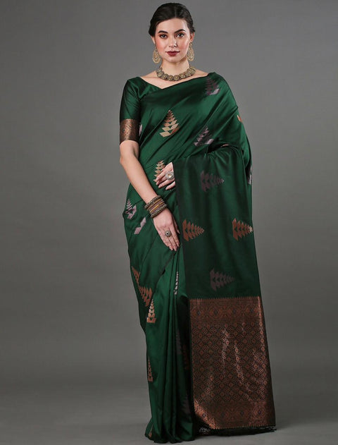 Banarasi Soft Silk Saree with Copper & Silver Zari Weaving – Bottle Green