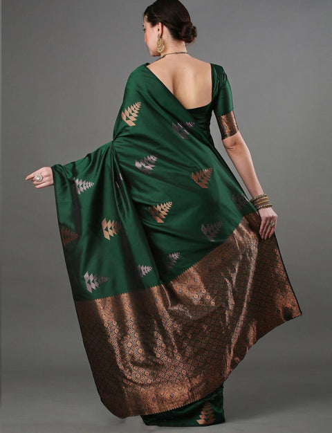Banarasi Soft Silk Saree with Copper & Silver Zari Weaving – Bottle Green