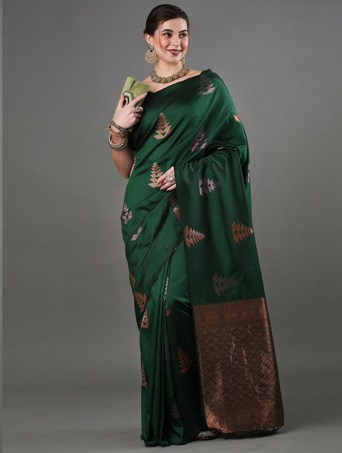 Banarasi Soft Silk Saree with Copper & Silver Zari Weaving – Bottle Green