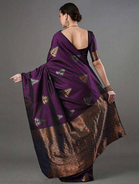 Banarasi Soft Silk Saree with Copper & Silver Zari Weaving – Deep Purple
