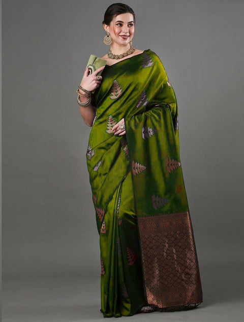 Olive Green Banarasi Soft Silk Saree with Copper & Silver Zari – Wedding & Festive Wear