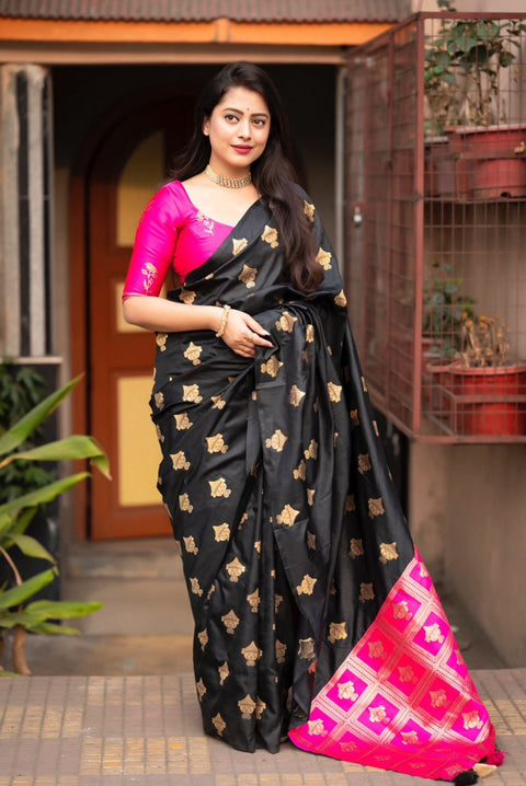 Black Banarasi Soft Silk Saree with Gold Zari Floral Motifs & Hot Pink Brocade Pallu