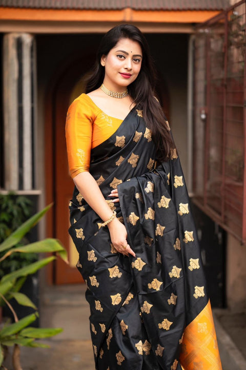 Black Banarasi Soft Silk Saree with Gold Zari Floral Motifs & Rich Brocade Pallu