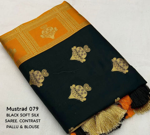 Black Banarasi Soft Silk Saree with Gold Zari Floral Motifs & Rich Brocade Pallu