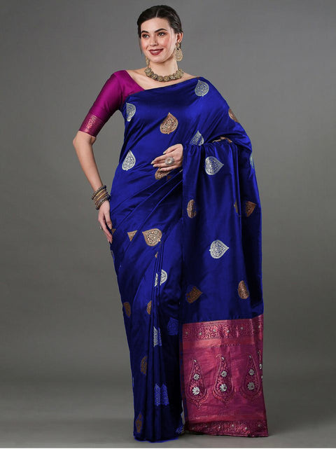 Blue Banarasi Soft Silk Saree with Copper & Silver Zari – Wedding & Festive Wear