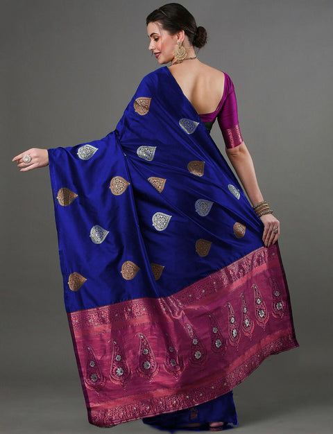 Blue Banarasi Soft Silk Saree with Copper & Silver Zari – Wedding & Festive Wear