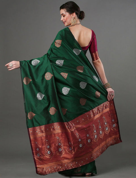 Green Banarasi Soft Silk Saree with Copper & Silver Zari – Wedding & Festive Wear