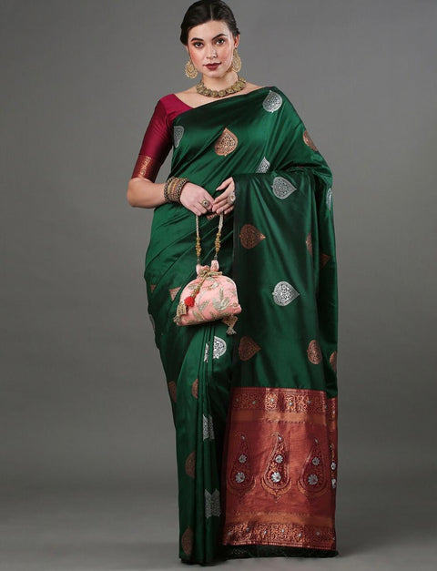 Green Banarasi Soft Silk Saree with Copper & Silver Zari – Wedding & Festive Wear