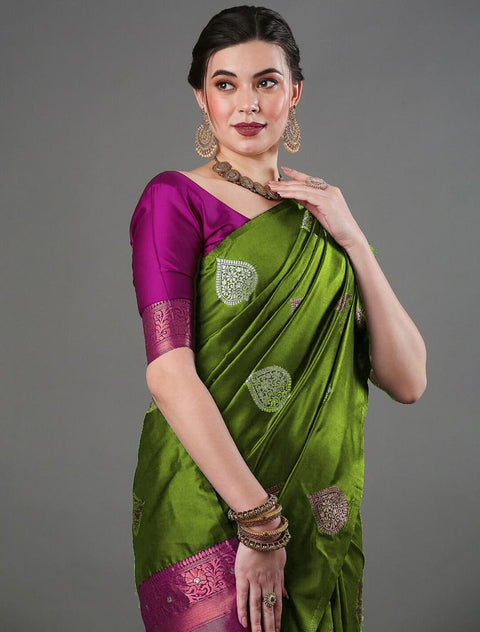Royal Olive Green Banarasi Soft Silk Saree with Pink Border & Copper-Silver Zari