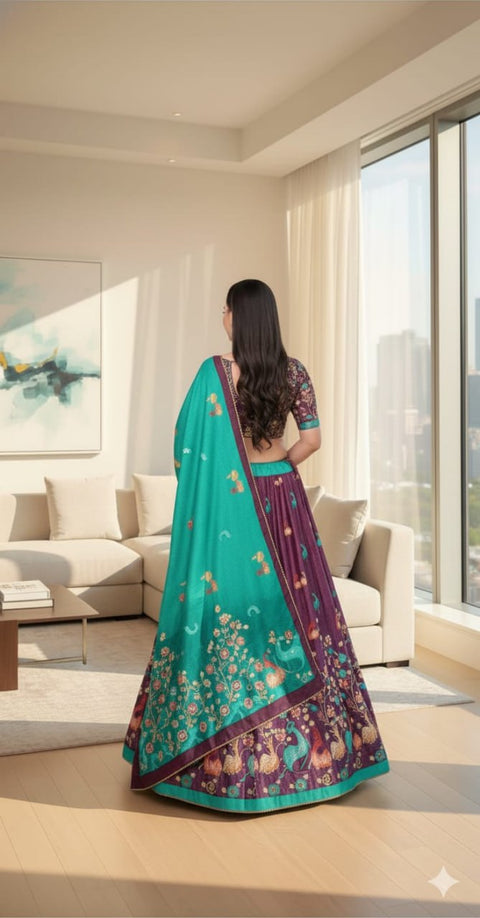 Premium Dolla Tusser Silk Peacock Print Chaniya Choli with Designer Dupatta – Purple & Teal