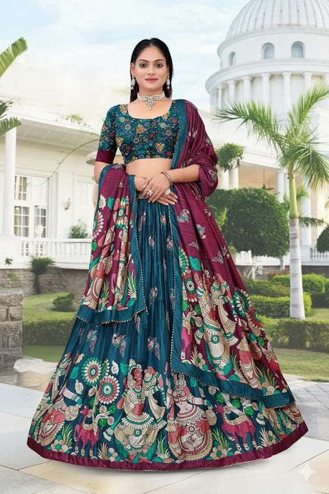 Teal & Wine Dolla Tusser Silk Chaniya Choli | Peacock Print Lehenga