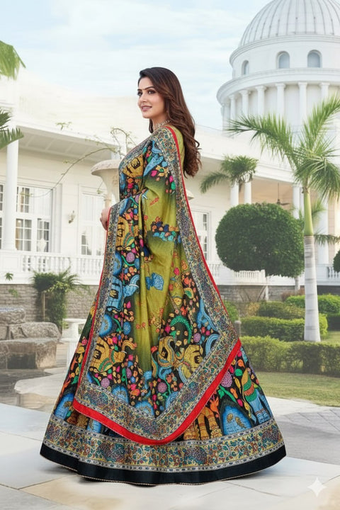 Olive Green & Black Dolla Tusser Silk Chaniya Choli | Kalamkari Print