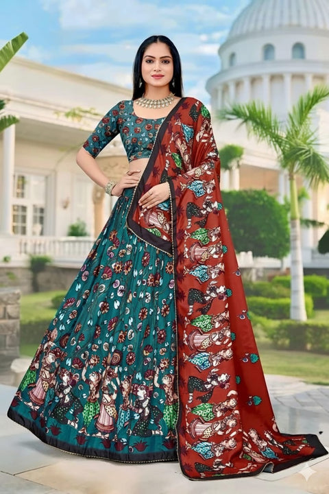 Teal & Rust Red Dolla Tusser Silk Chaniya Choli | Kalamkari Print
