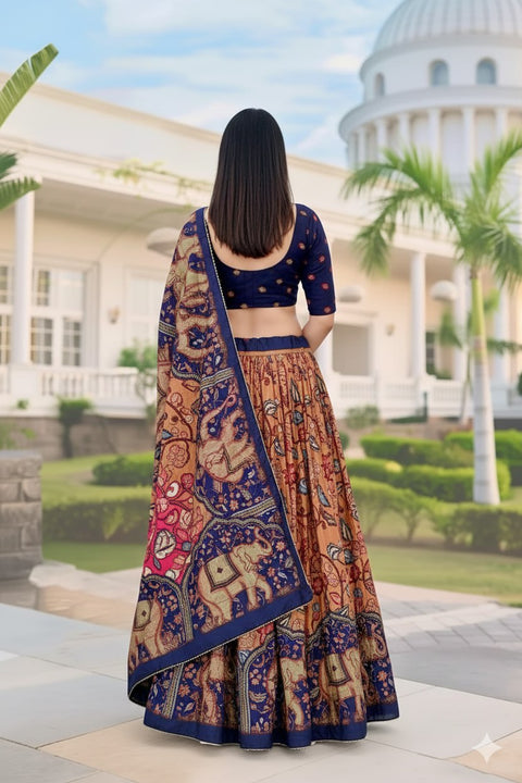 Premium Dolla Tusser Silk Elephant Print Chaniya Choli – Peach & Navy Blue
