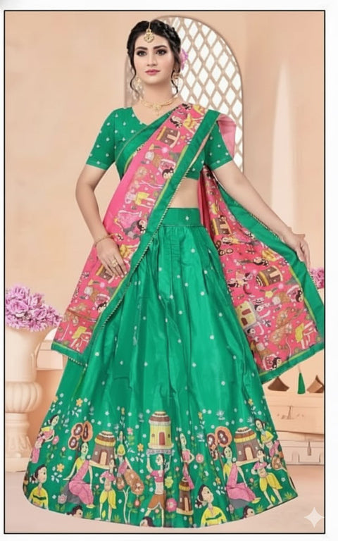 Green Dolla Tusser Silk Chaniya Choli | Designer Printed Lehenga