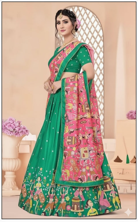 Green Dolla Tusser Silk Chaniya Choli | Designer Printed Lehenga