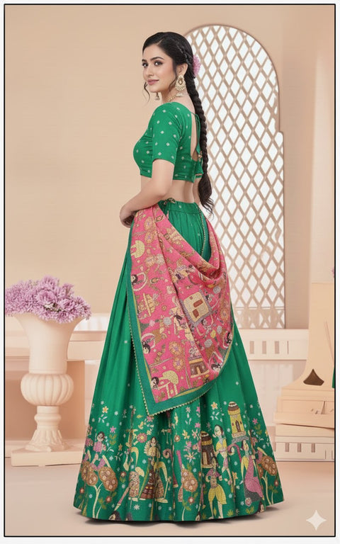 Green Dolla Tusser Silk Chaniya Choli | Designer Printed Lehenga