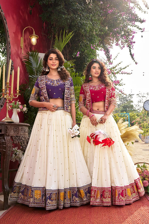 Women's Festive Pure Vichitra Lehenga Choli Set with Heavy Embroidered Jacket