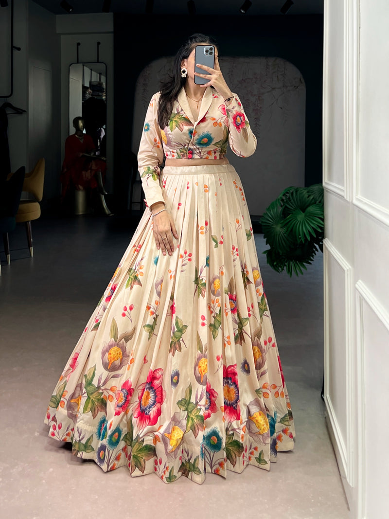 Women's Designer Floral Digital Print Lehenga Set with Collared Crop Top