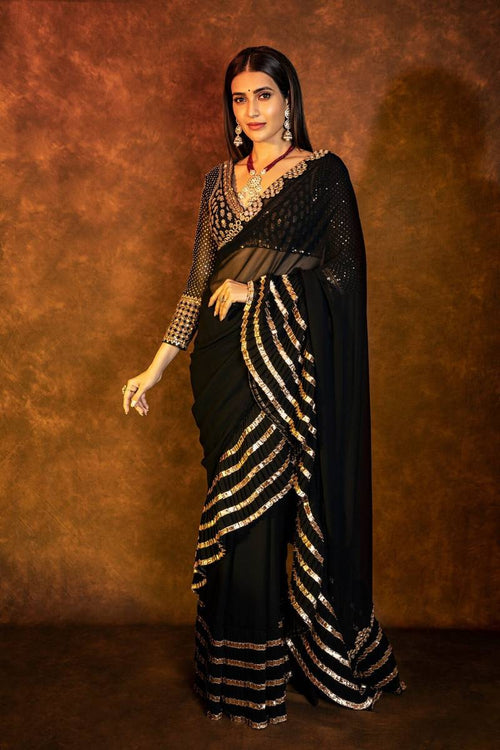 Women's Bollywood Inspired Black Faux Georgette Crush Pleated Saree with 5mm Sequins