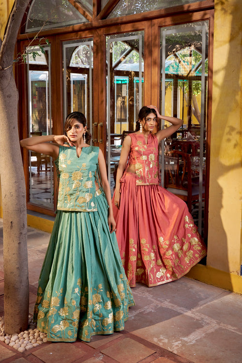 Women's Designer Pure Shimmer 3-Piece Lehenga Set with Lotus Embroidered Overlay Top