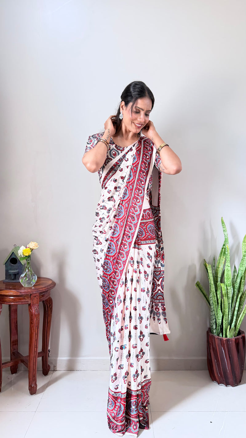 Designer Ready-to-Wear Cream and Maroon Traditional Saree Gown for Wedding Guests