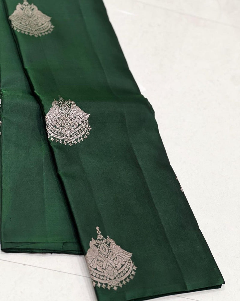 Bottle Green Banarasi Soft Silk Saree with Rich Silver Zari Woven Pallu & Traditional Motifs