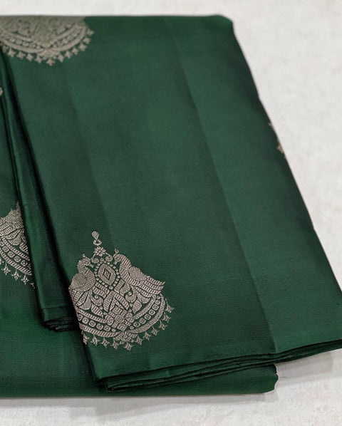 Bottle Green Banarasi Soft Silk Saree with Rich Silver Zari Woven Pallu & Traditional Motifs