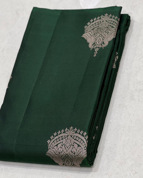 Bottle Green Banarasi Soft Silk Saree with Rich Silver Zari Woven Pallu & Traditional Motifs