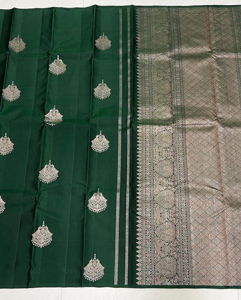 Bottle Green Banarasi Soft Silk Saree with Rich Silver Zari Woven Pallu & Traditional Motifs