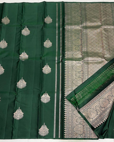 Bottle Green Banarasi Soft Silk Saree with Rich Silver Zari Woven Pallu & Traditional Motifs