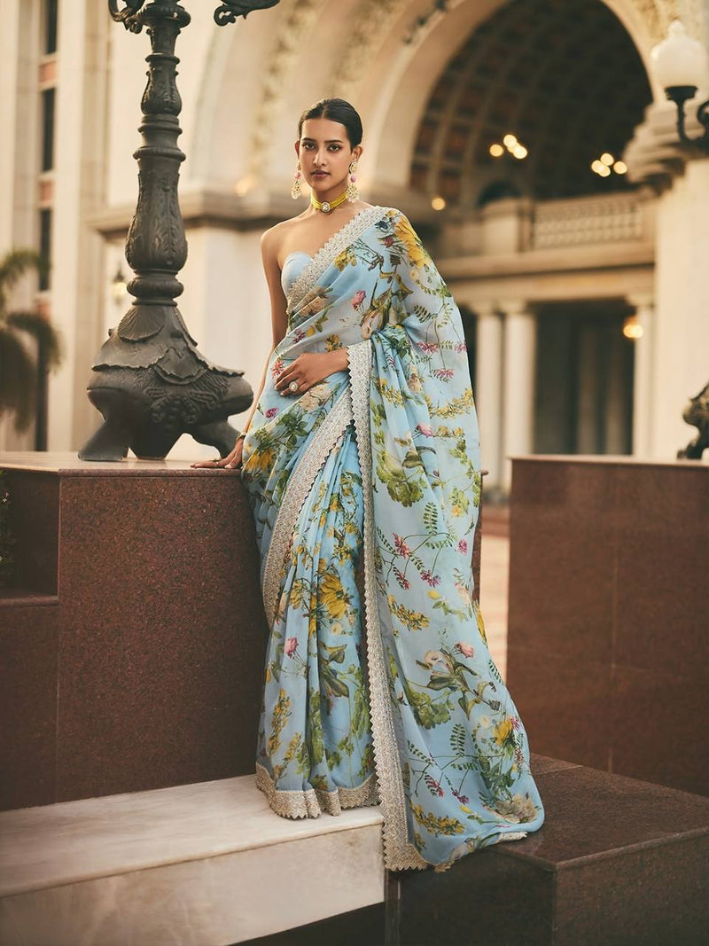 Floral Georgette Saree with Zari Sequin Embroidery | Arca Border & Silk Blouse