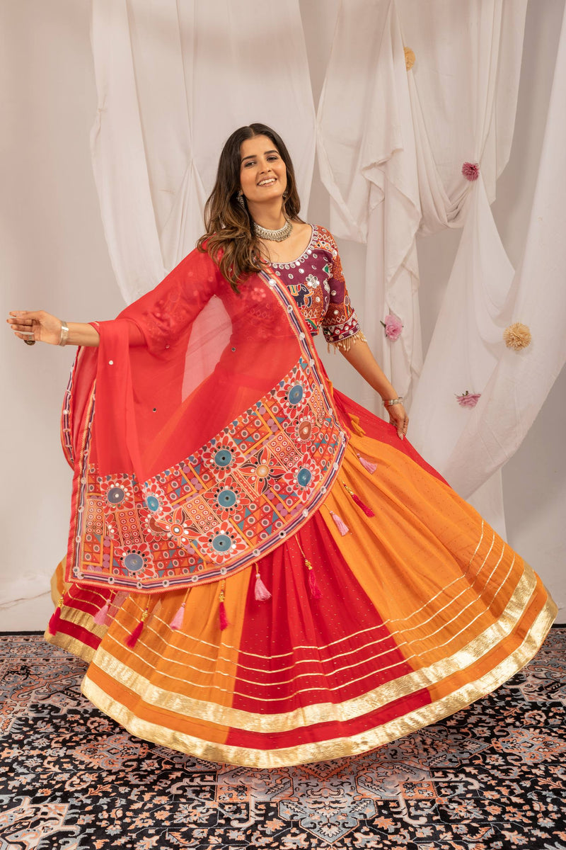Navratri Special Faux Georgette Lehenga with Real Mirror Blouse with Banglory Silk Embroidered Blouse