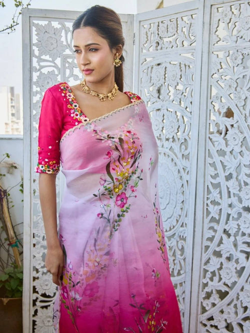 Designer Two-Tone Tebby Silk Saree with Cutdana, Sequin Handwork & Unstitched Blouse