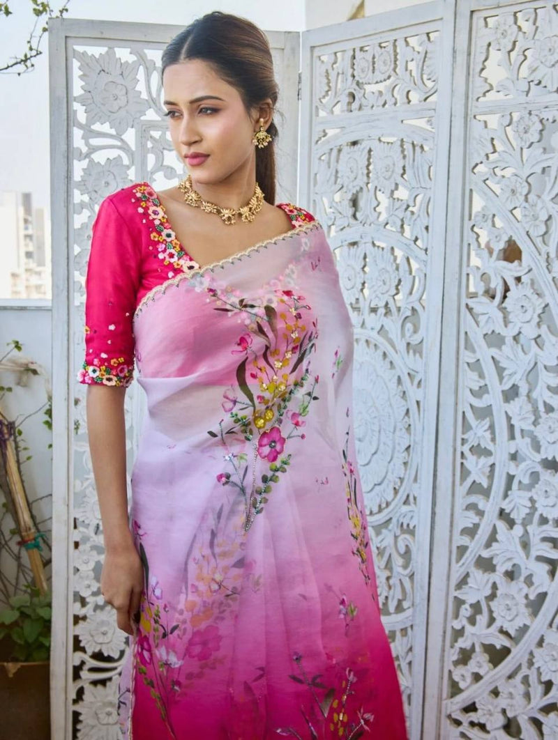 Designer Two-Tone Tebby Silk Saree with Cutdana, Sequin Handwork & Unstitched Blouse