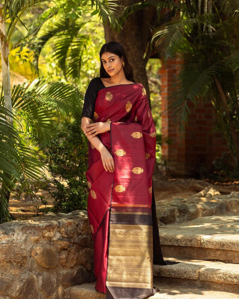 Wine Red Banarasi Soft Silk Saree with Gold Zari Motifs & Rich Brocade Pallu