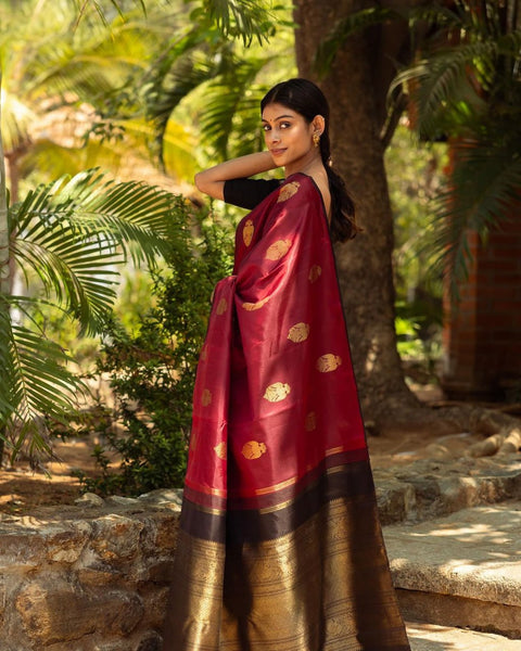 Wine Red Banarasi Soft Silk Saree with Gold Zari Motifs & Rich Brocade Pallu