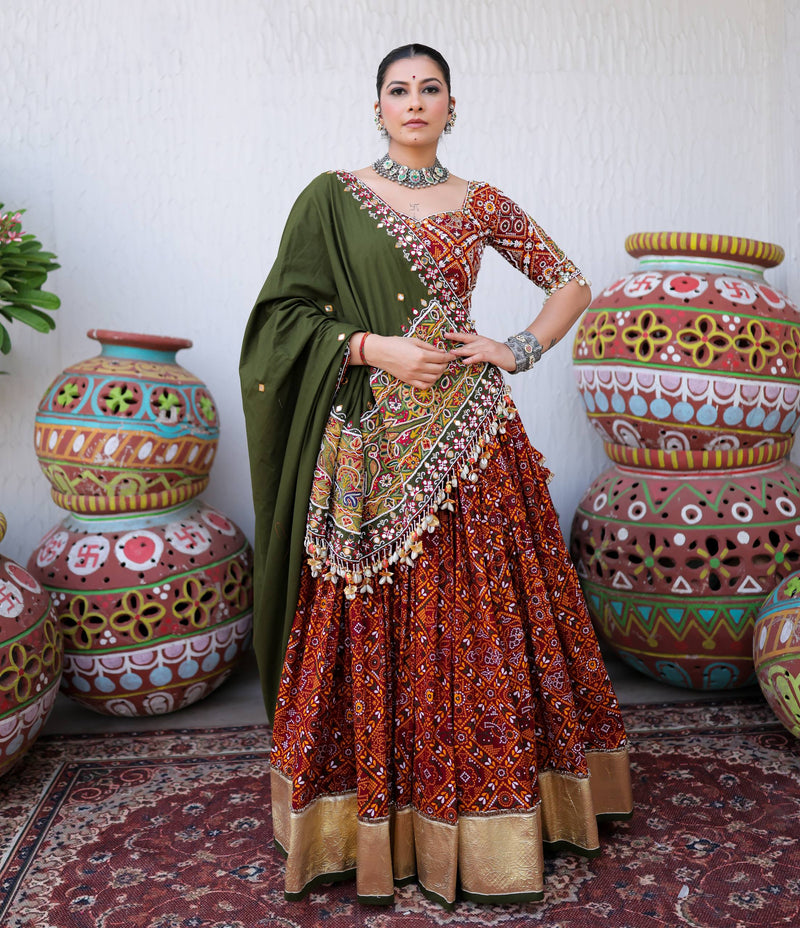 Navratri Heavy Muslin Cotton Lehenga Choli with Real Mirror Work & Kodi Lace Dupatta | 4 Meter Flair Garba Chaniya Choli Set